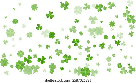 Green White St. Patricks Day bg. Flying clover leaves. Clover leaf as a symbol of good luck, traditional holiday of Ireland, beer festival. Vector background Illustration.