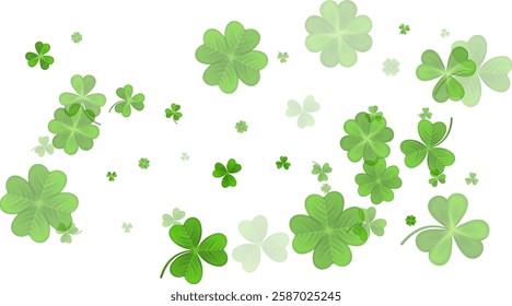 Green White St. Patricks Day bg. Flying clover leaves. Clover leaf as a symbol of good luck, traditional holiday of Ireland, beer festival. Vector background Illustration.