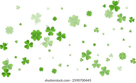 Green White St. Patricks Day bg. Flying clover leaves. Clover leaf as a symbol of good luck, traditional holiday of Ireland, beer festival. Vector background Illustration.