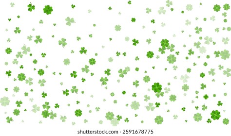 Green White St. Patricks Day bg. Flying clover leaves. Clover leaf as a symbol of good luck, traditional holiday of Ireland, beer festival. Vector background Illustration.