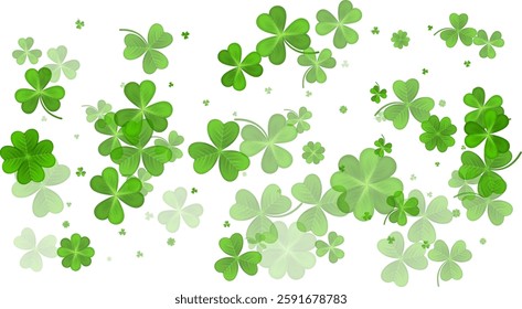 Green White St. Patricks Day bg. Flying clover leaves. Clover leaf as a symbol of good luck, traditional holiday of Ireland, beer festival. Vector background Illustration.