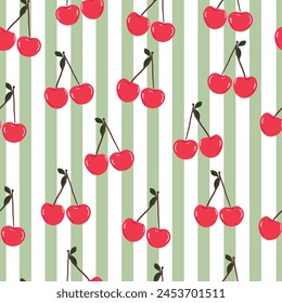 Green and white stripe pattern cherries pattern