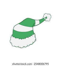 Green and white striped Christmas pointed elf hat with white fur trim and pompom hand drawn illustration