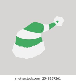 Green and white striped Christmas pointed elf hat with white fur trim and pompom hand drawn flat design illustration
