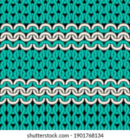Green and white striped knit texture vector seamless pattern.Realistic knitted thead loops endless background.Print for wallpaper,cover,wrapper,fabric.