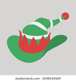 Green, white striped and red Christmas cowboy pointed elf hat hand drawn flat design illustration 