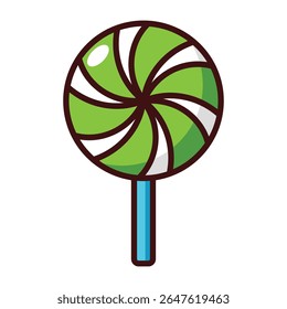 Green and white swirl lollipop candy illustration isolated on white background