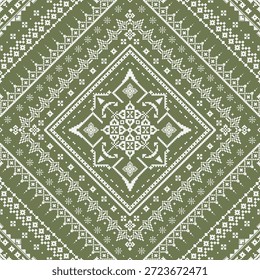 Padrão geométrico simétrico verde e branco com estrutura de diamante em camadas e detalhes ornamentais inspirados em folclore. Adequado para impressão têxtil, design de superfície, papel de parede e uso de fundo decorativo.