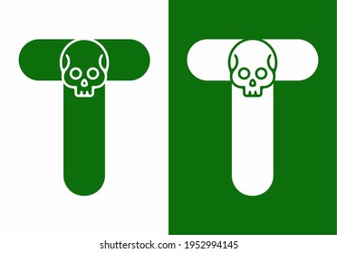 Green white of T initial letter with skull head design