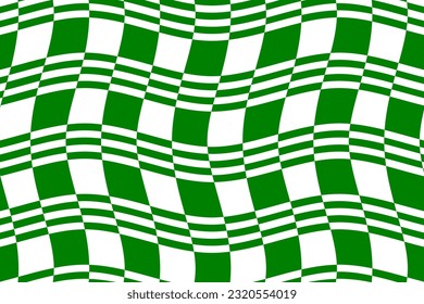 Green and white tartan plaid fabric pattern. Wavy checkered flag texture background vector. Wave stripes ethnic pattern. Abstract geometric shapes.