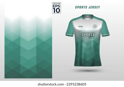 Green white t-shirt sport design template with geometric triangles pattern for soccer jersey. Sport uniform in front view. Shirt mock up for sport club. Vector Illustration	