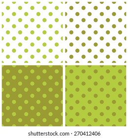 Green and white vector background set with polka dots seamless pattern
