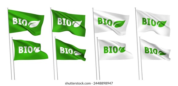 Green and white vector flags with BIO leaf logo. A set of wavy 3D flags with flagpoles isolated on white background, created using gradient meshes