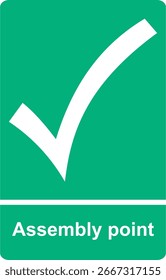 Gráfico de Vector verde y blanco de un signo de puntos de ensamblaje. Consta de texto y un Grande ícono de tick
