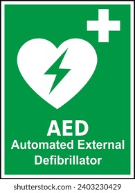 Green and white vector graphic of a CPR,AED indicating a defibrillator device located close by