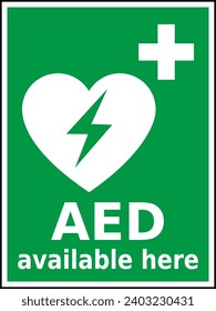 Green and white vector graphic of a CPR,AED indicating a defibrillator device located close by