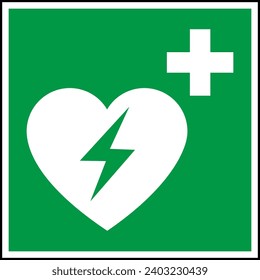 Grüne und weiße Vektorgrafik eines CPR,AED zur Anzeige eines Defibrillators in der Nähe von