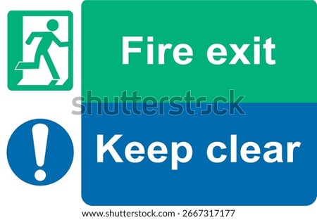 Green and white vector graphic of a fire exit sign above a blue keep clear sign.it shows a person in a firedoor and  the text Fire Exit and Keep clear