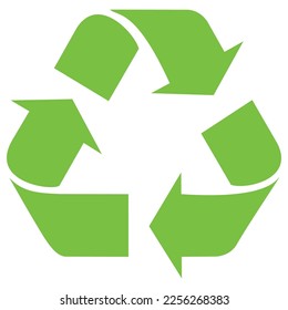 Green and white vector graphic of a recycling sign. It consists of three green arrow with a 3 dimensional effect rotating along a triangle on a white background