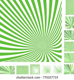 Green and white vector ray burst design background set. Different color, gradient, screen, paper size versions.
