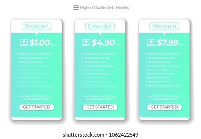 Green and white web hosting boxes. Hosting plans for website. Three tariffs. Vector Illustration.