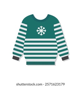 Green and White Winter Sweater Vector Design with Snowflake Icon – Flat Icon Style