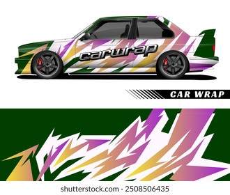 Green, white, yellow, pink, and purple car wrap design for eyecatching vehicle branding. Perfect for promoting lively brands and products.