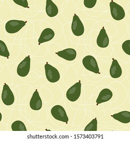 Green whole avocado seamless pattern with fruit vector clipart images on a tangle lines greenish yellow background.