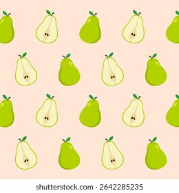 Green whole and half pear seamless pattern. Fruit cartoon. Cute food illustration for paper wrapping, wallpaper, kitchen element, and fashion fabric
