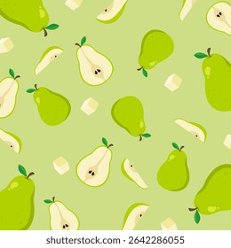 Green whole, half, and sliced pear seamless pattern. Fruit cartoon, healthy food illustration. Can be used for paper wrapping, wallpaper, kitchen element, and fashion fabric