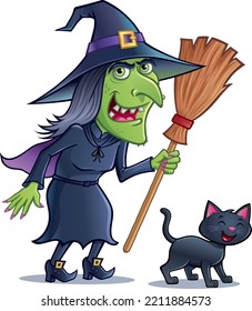 Green Wicked Witch Is Grinning And Holding Her Broom With A Happy Laughing Black Cat Beside Her.