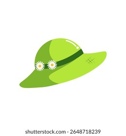 Green Wide Brim Sun Hat with Daisy Flowers, Summer Beach Fashion Accessory