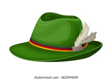 Green Wide Brimmed Hat with Feathers and Colorful Ribbon Vector Illustration