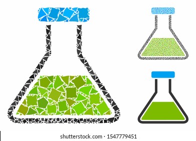 Green wide flask mosaic of humpy pieces in various sizes and color hues, based on green wide flask icon. Vector humpy dots are grouped into mosaic. Green wide flask icons collage with dotted pattern.