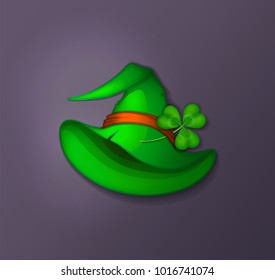 The green wide-brimmed hat with the orange ribbon and the three leaf clover. Vector illustration on the dark background.