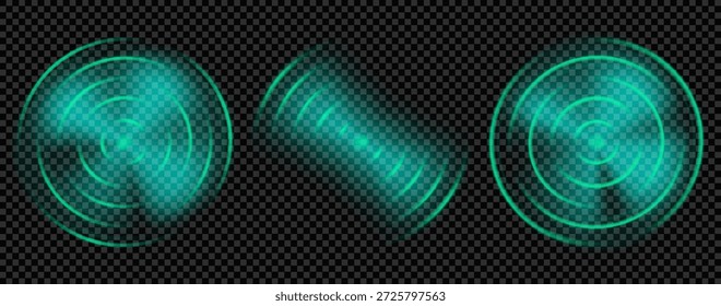 Efeito de onda Wi-Fi verde. Sinal de sonar neon com brilho. Hud rádio frequência de varredura projeto 3d. Sobreposição transparente de pulso de carro inteligente concêntrico. Forma de onda realista para alarme de áudio. Anel circular térmico.