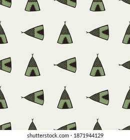 Green wigwam elements seamless pattern. Stylized traditional print with light background. Simple design. Decorative print for wallpaper, textile, wrapping paper, fabric print. Vector illustration.