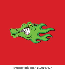 Green wild angry alligator. Vector illustration, sport mascot. Red background. Flat design. 