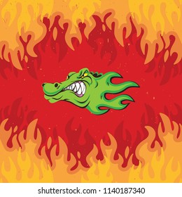 Green wild angry alligator. Vector illustration, sport mascot. Fire background. Flat design. 