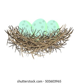 Green Wild Eggs In Bird Nest Vector Illustration.