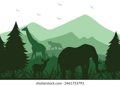 Green wild landscape with animals background illustration