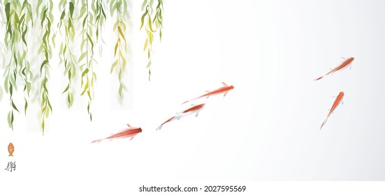 Green willow and red fishes in water. Traditional oriental ink painting sumi-e, u-sin, go-hua. Translation of hieroglyph - joy.