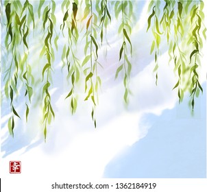 Green willow tree on blue sky background. Traditional Japanese ink wash painting sumi-e. Sign - eternity