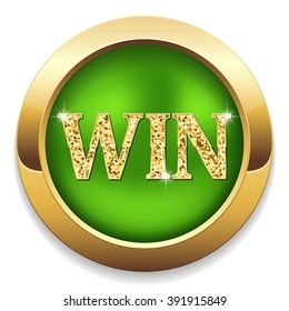 Green win button with gold border on white background