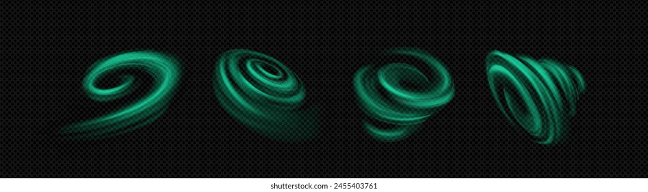 Green wind flow effect. Magic fresh mint air swirl. Flying abstract wave isolated whirlwind graphic vector set. Power vortex or aroma curve illustration. Herbal energy trail on transparent background