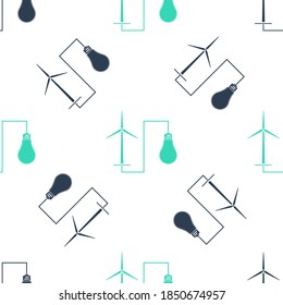 Green Wind mill turbine generating power energy and bulb icon isolated seamless pattern on white background. Natural renewable energy production using wind mills. Vector.