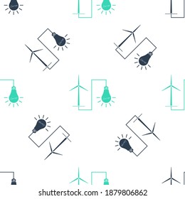 Green Wind mill turbine generating power energy and light bulb icon isolated seamless pattern on white background. Natural renewable energy production using wind mills. Vector.