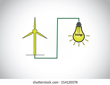 green wind mill turbine generating power energy & glowing yellow light bulb. natural renewable energy production using wind mills simple concept illustration design art