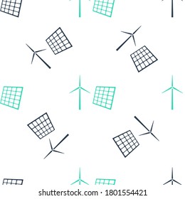 Green Wind mill turbines generating electricity and solar panel icon isolated seamless pattern on white background. Energy alternative, concept of renewable energy. Vector.