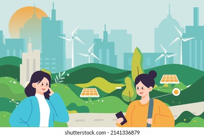 Green wind power generation with windmills and city in the background, eco-friendly life, vector illustration